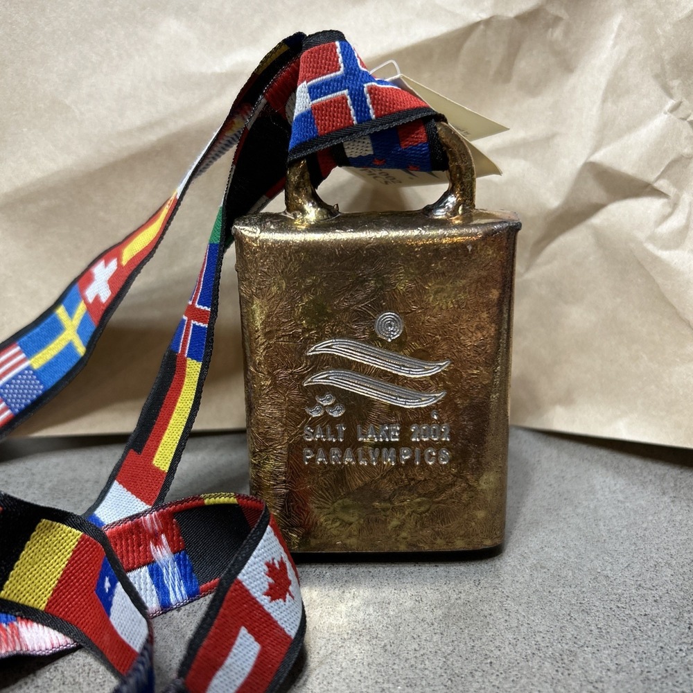 NWT Vintage 2002 Salt Lake City Olympics Paralympics Cow Bell &‎ Flag Lanyard